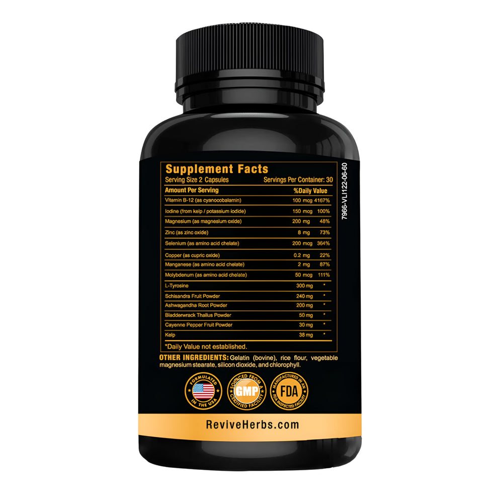 Revive Herbs Thyroid Support ashwagandha root image highlights adaptogenic support for stress resilience.