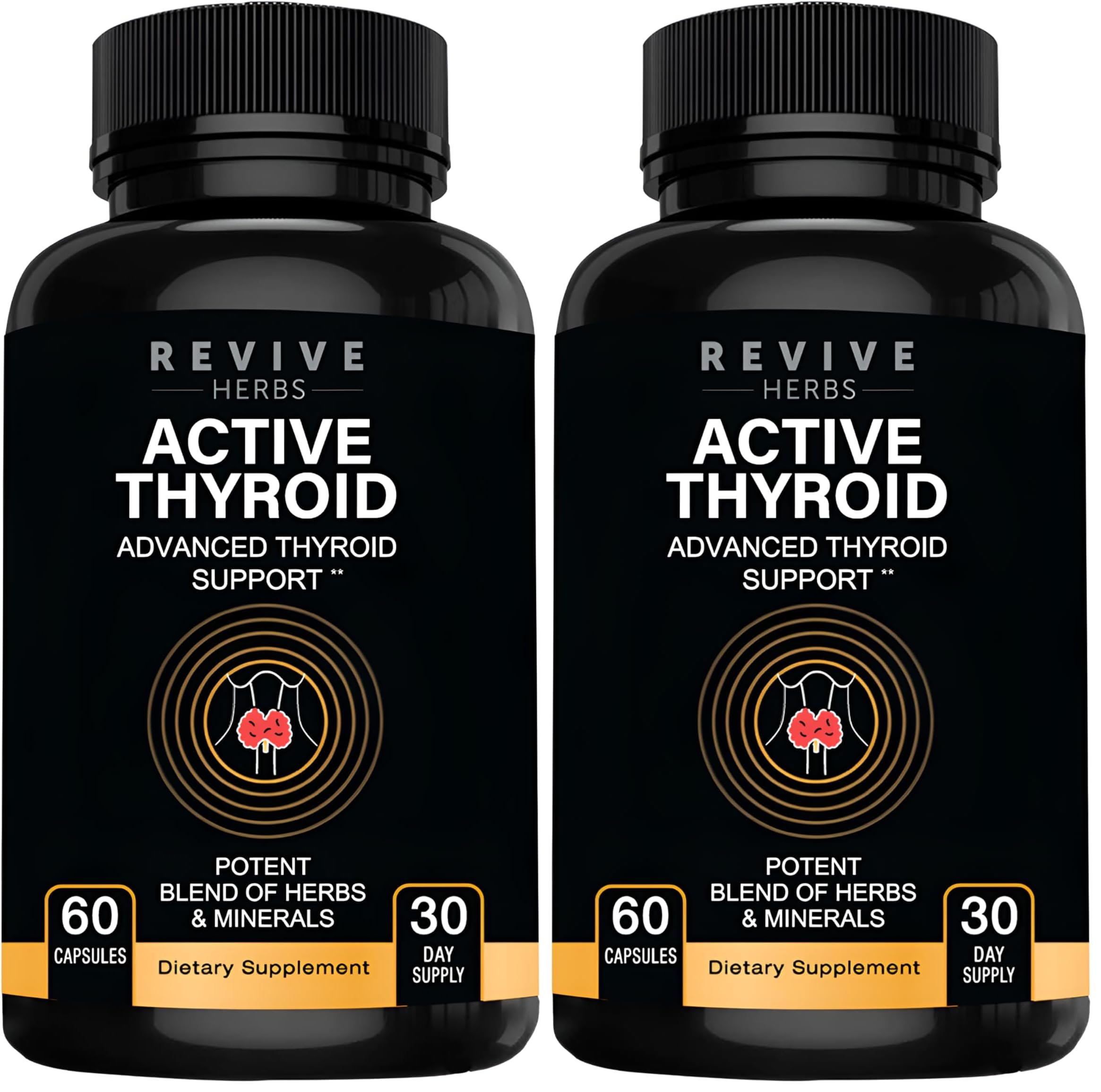 Revive Herbs Thyroid Support bottle pour shows easy daily capsules for steady energy.