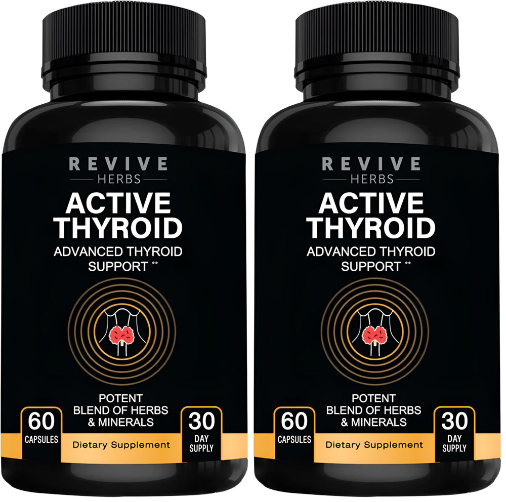 Revive Herbs Thyroid Support bottle pour shows easy daily capsules for steady energy.