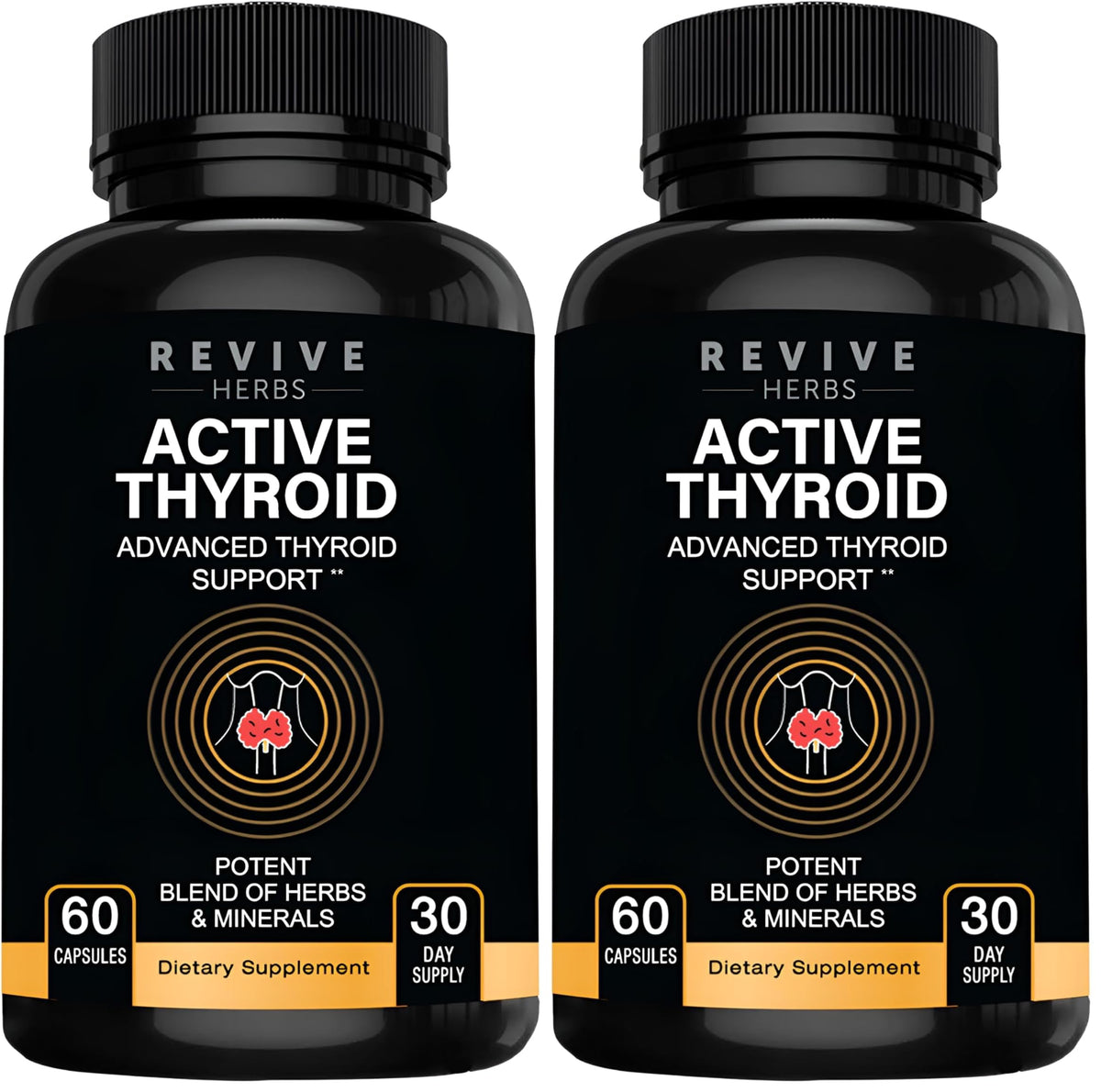 Revive Herbs Thyroid Support bottle pour shows easy daily capsules for steady energy.