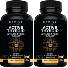 Revive Herbs Thyroid Support bottle pour shows easy daily capsules for steady energy.