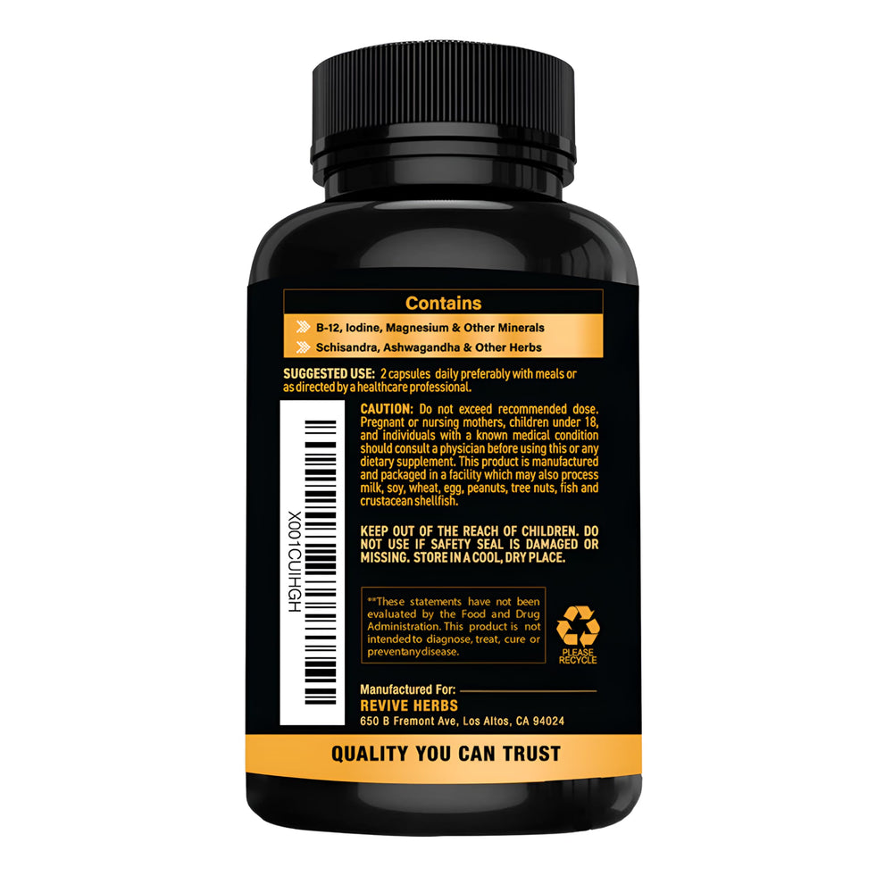Revive Herbs Thyroid Support capsules close-up highlighting convenient daily use.