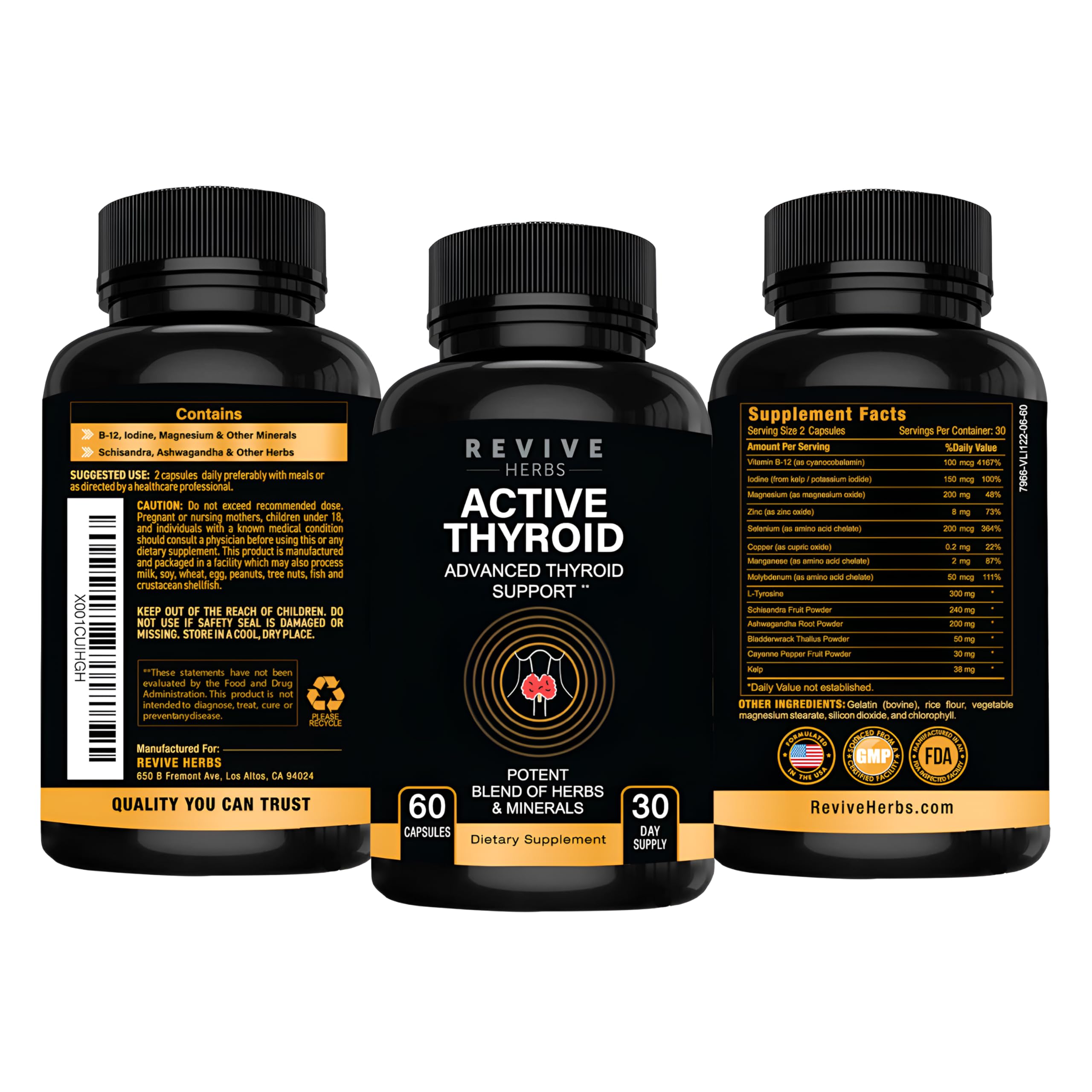 Revive Herbs Thyroid Support vitamin B12 tablet emphasizes energy and mental clarity potential.