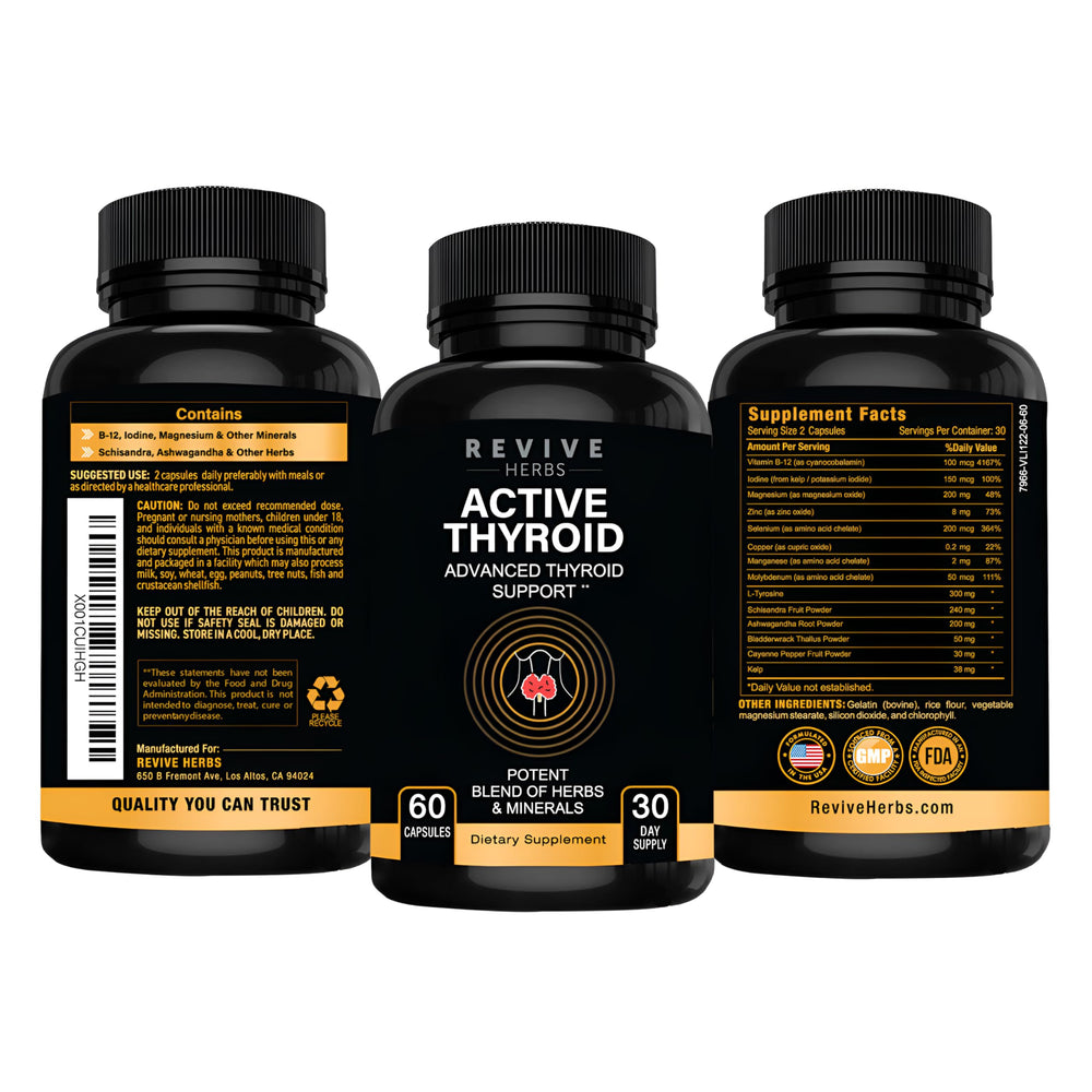 Revive Herbs Thyroid Support vitamin B12 tablet emphasizes energy and mental clarity potential.