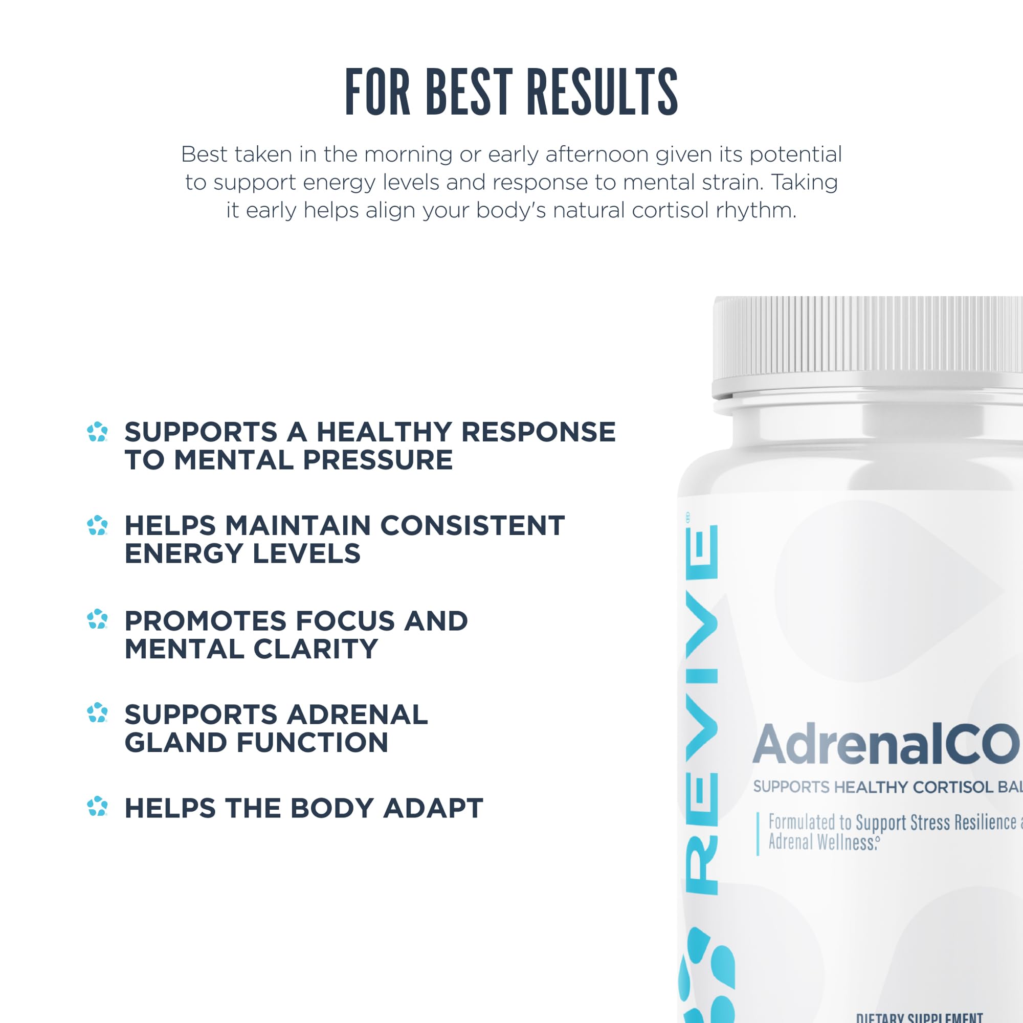 Revive MD AdrenalCore capsules poured into hand for a convenient daily serving with water.