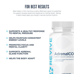 Revive MD AdrenalCore capsules poured into hand for a convenient daily serving with water.