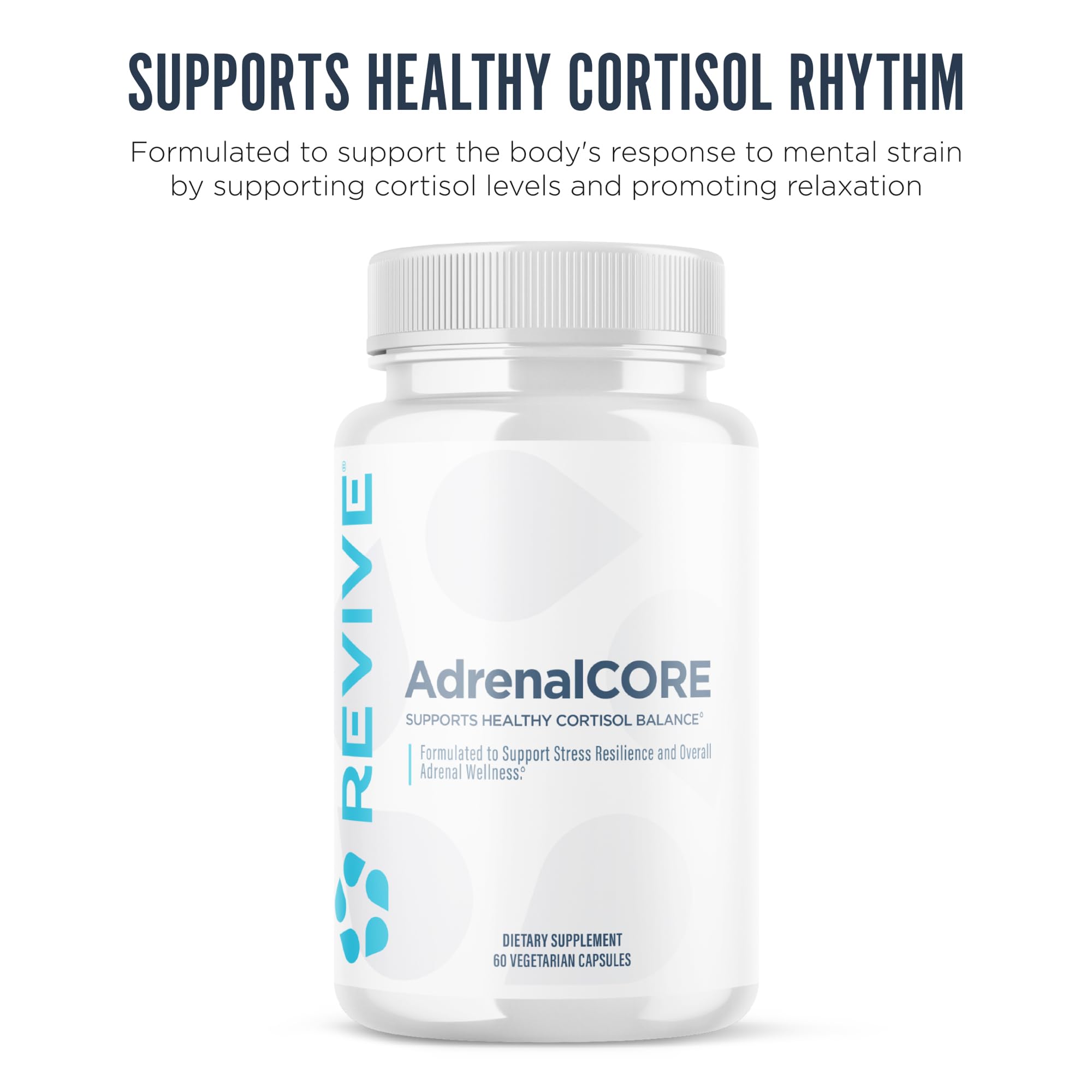 Close-up of Revive MD AdrenalCore label highlighting adaptogenic blend for energy and focus.