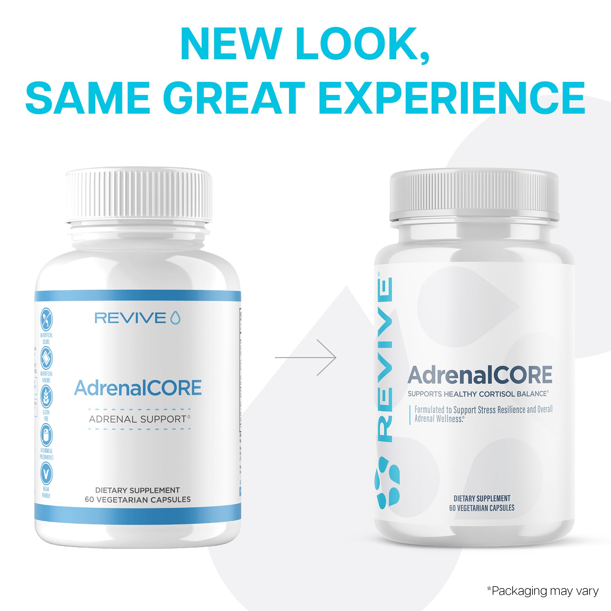 Revive MD AdrenalCore packaging showing vegan-friendly icons and clean label.