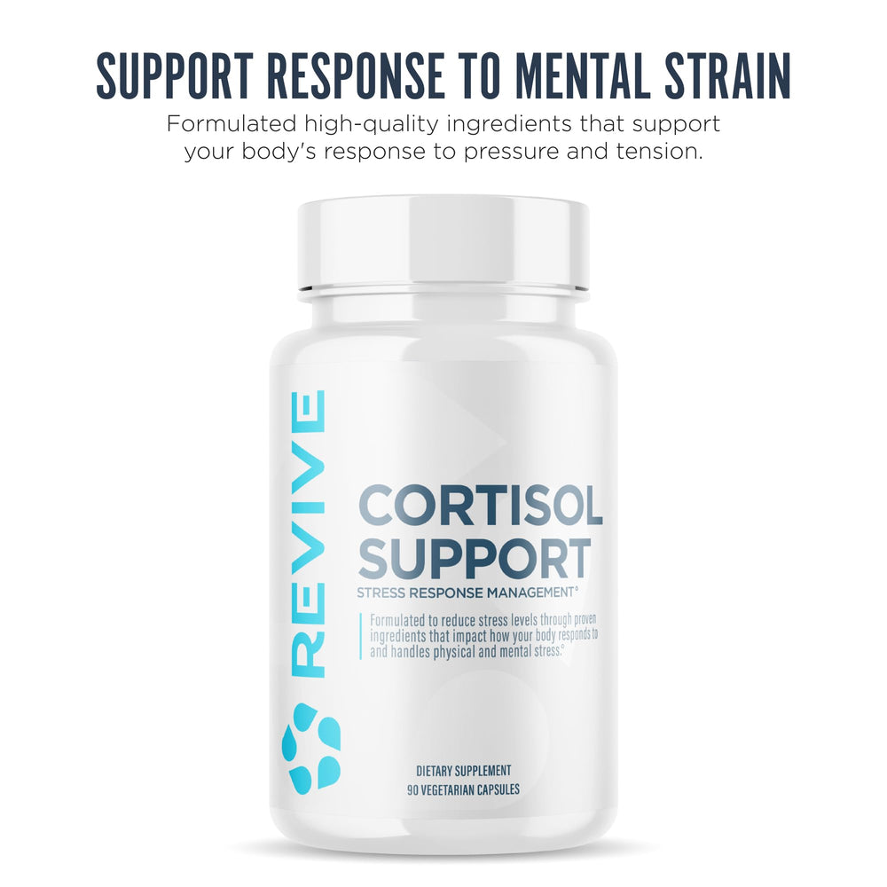 Revive MD Cortisol Manager bottle back label highlights vegan, gluten-free formulation for mindful supplementation