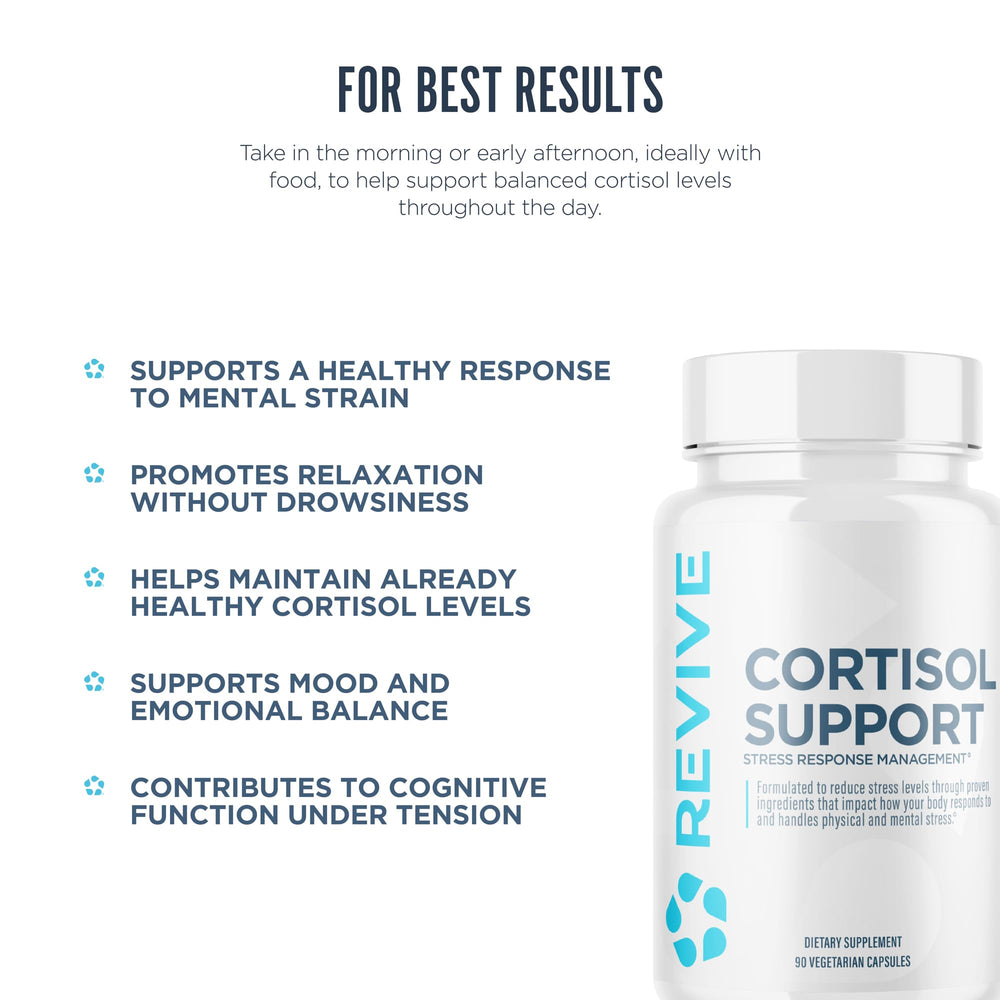 Revive MD Cortisol Manager capsules on wooden surface suggesting daily routine and consistency