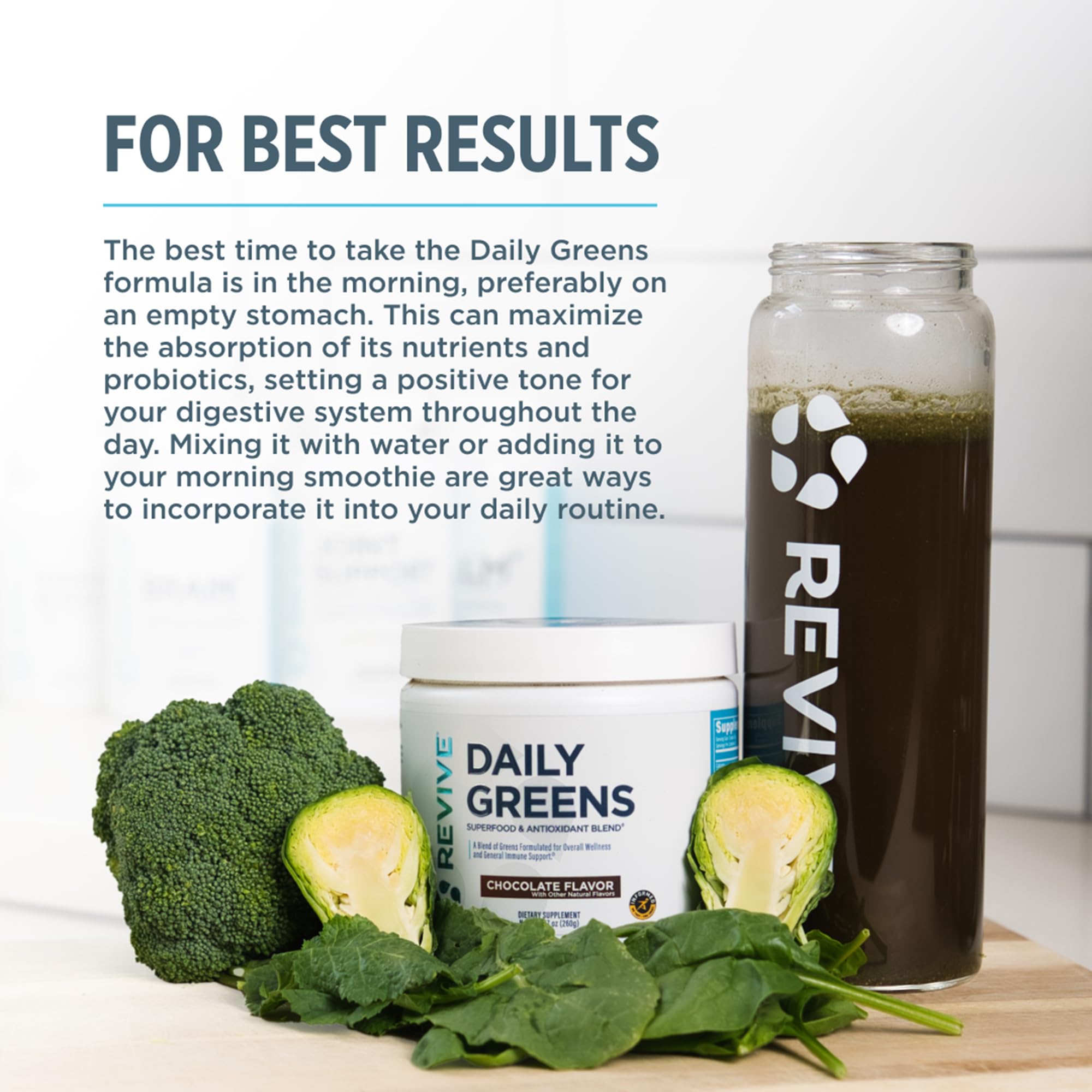 Daily Greens chocolate powder with a rich fruit blend for flavor and nutrients.