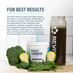 Daily Greens chocolate powder with a rich fruit blend for flavor and nutrients.