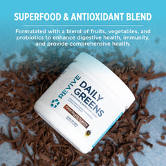 Prepared chocolate green shake using Revive MD Daily Greens for a tasty boost.