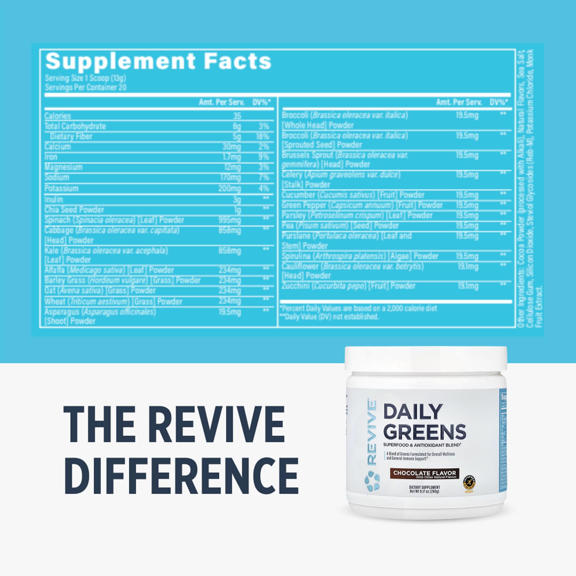 Scoop of Revive MD Daily Greens Chocolate powder for easy daily mixing.