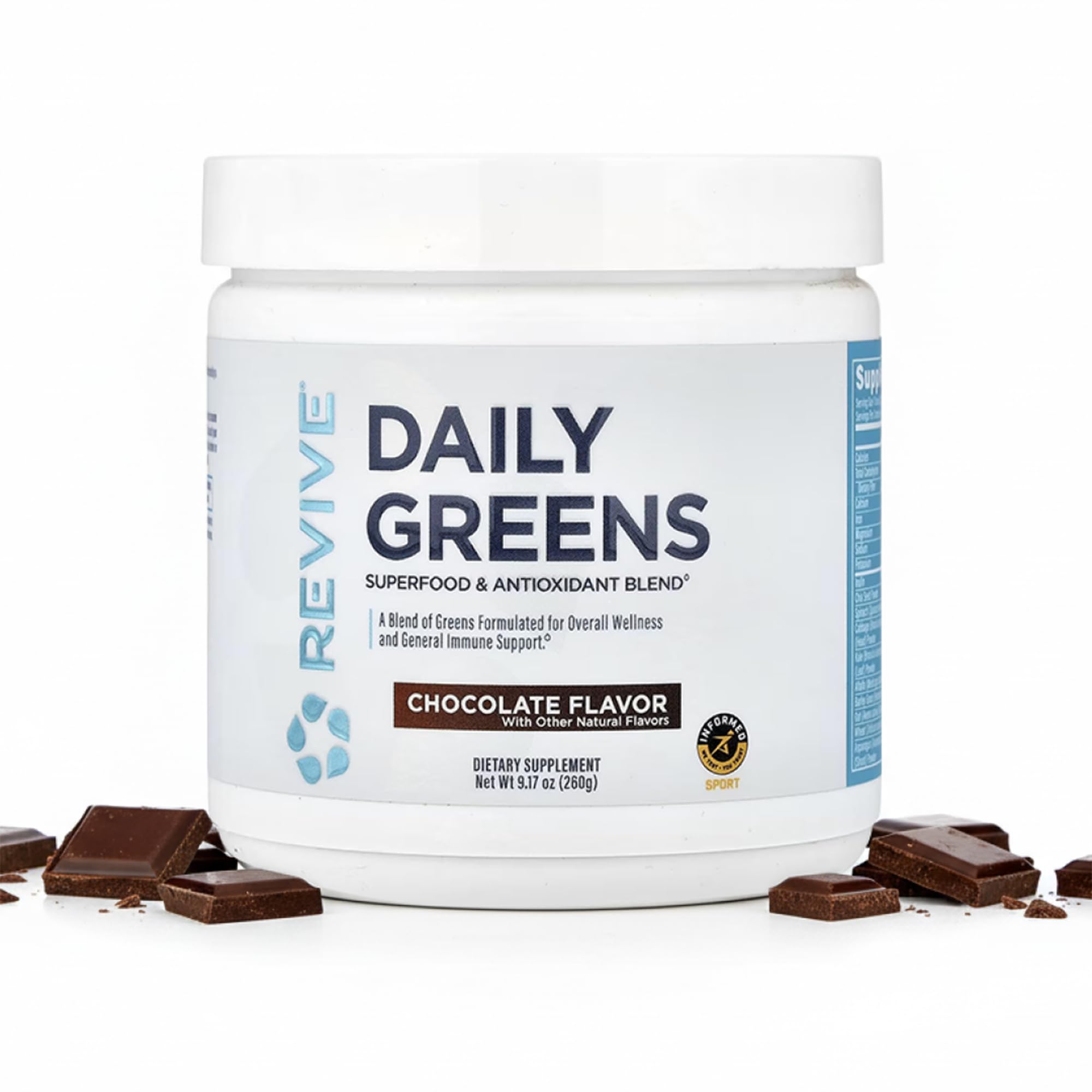 Revive MD Daily Green Powder Chocolate tub, a convenient daily greens source.