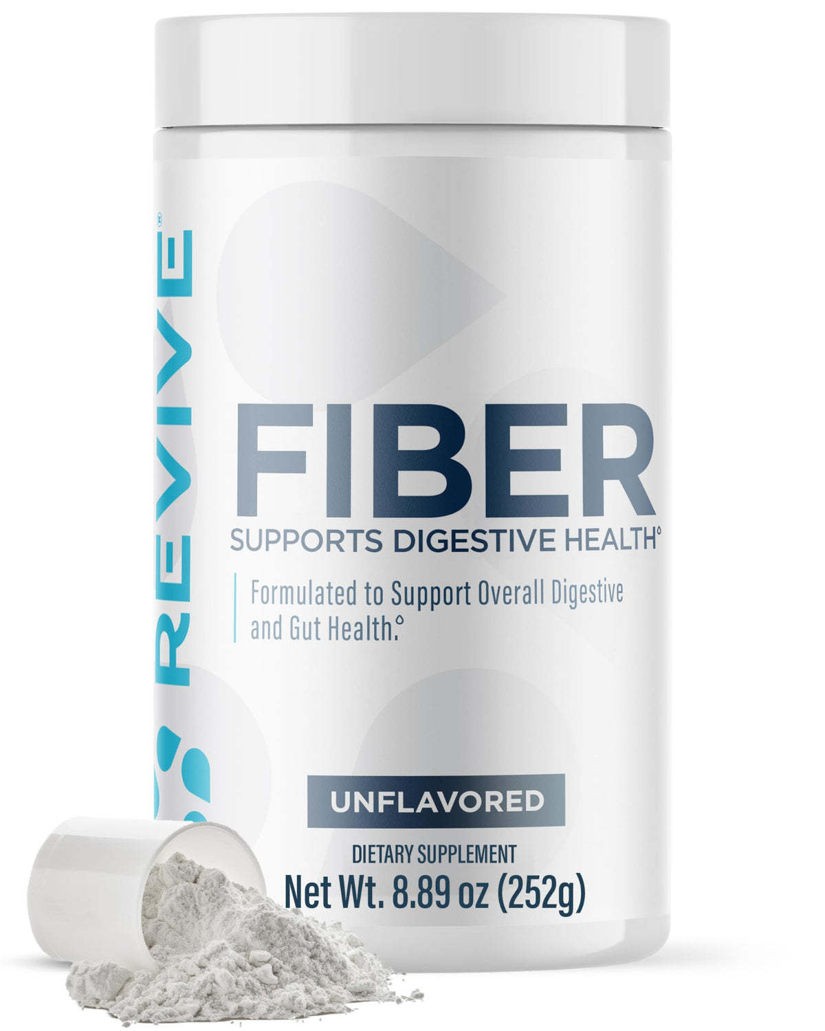 Revive MD Fiber bottle front, showcasing the unflavored supplement for digestive support.