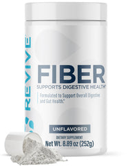 Revive MD Fiber bottle front, showcasing the unflavored supplement for digestive support.
