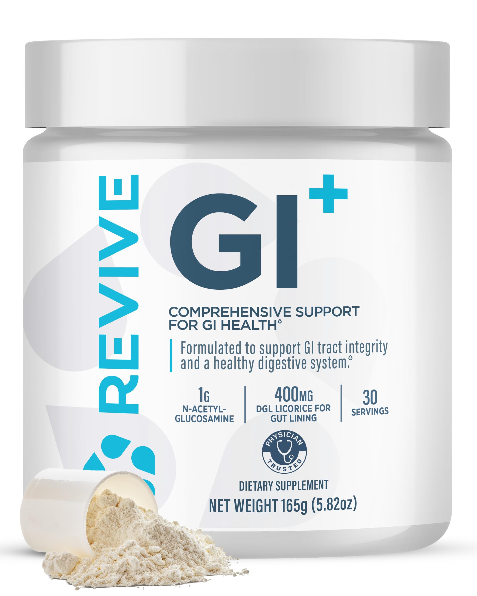 Revive MD GI Plus bottle label highlighting gut health support and gluten-free promise