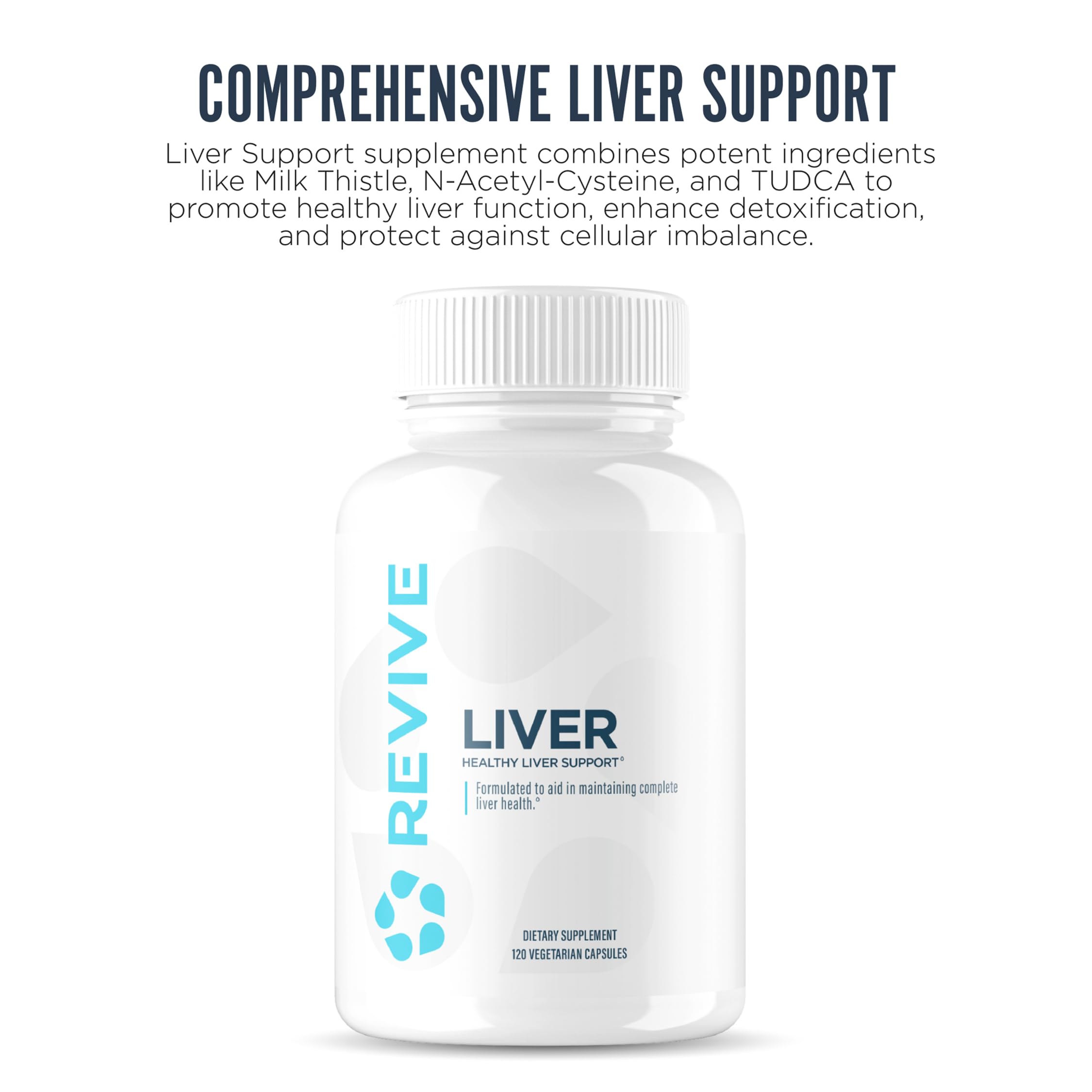 Close-up of Revive MD Liver Cleanse capsules with NAC and milk thistle.