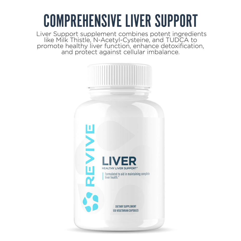 Close-up of Revive MD Liver Cleanse capsules with NAC and milk thistle.