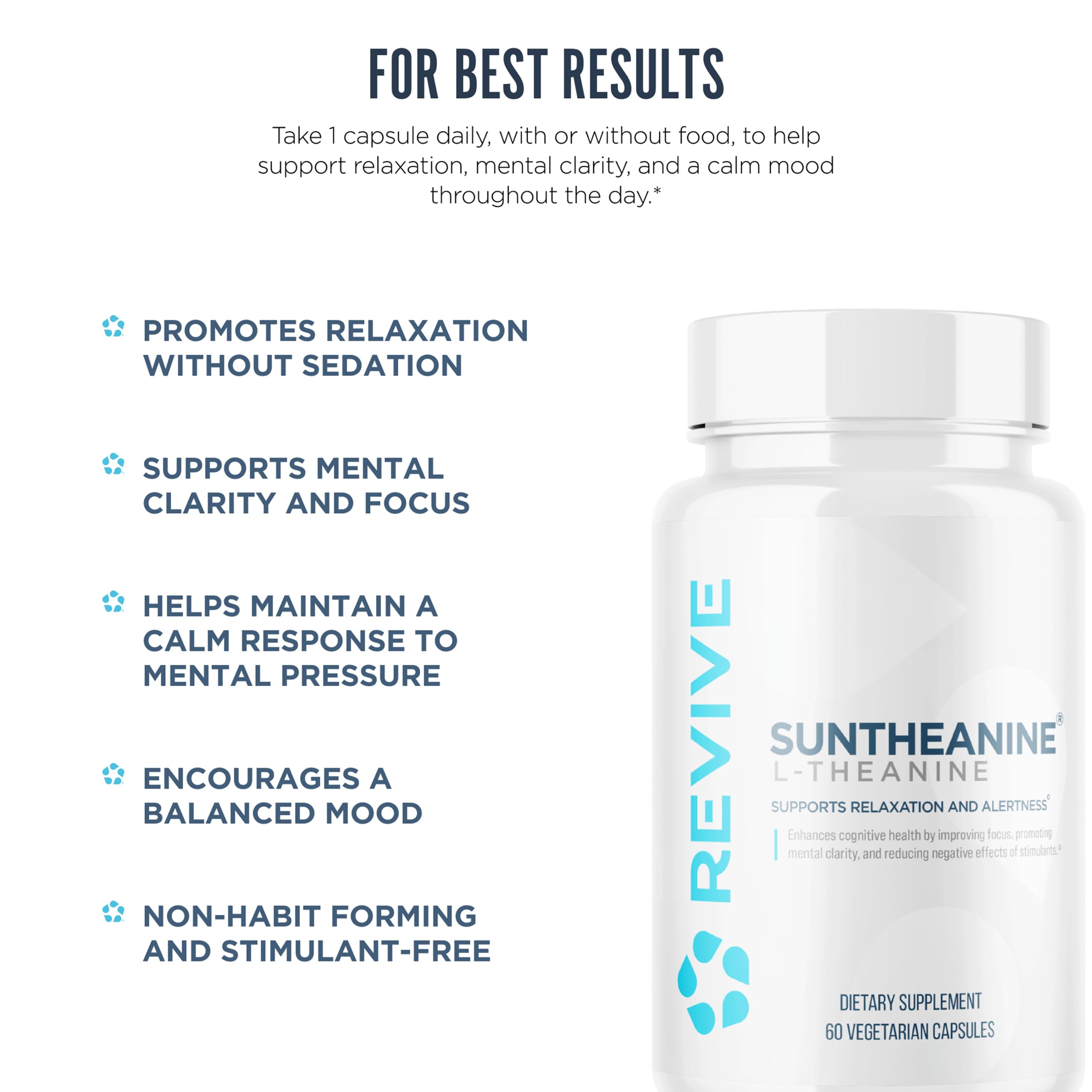 Ingredients card detailing Suntheanine benefits in Revive formula
