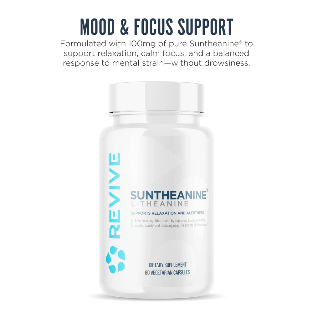 Closeup of Suntheanine label highlighting natural relaxation potential