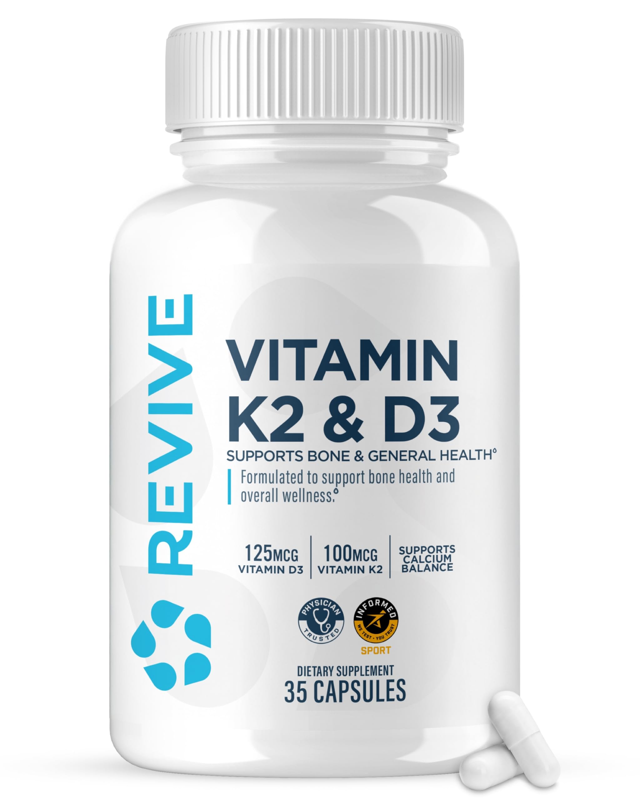 ReviveMD Vitamin D3 &amp; K2 bottle on white background signaling bone-support potential