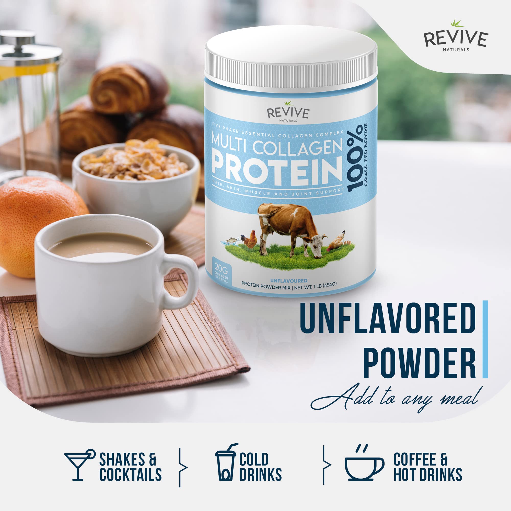 Revive Naturals Multi Collagen ingredients icons show grass-fed, wild-caught, free-roaming sources