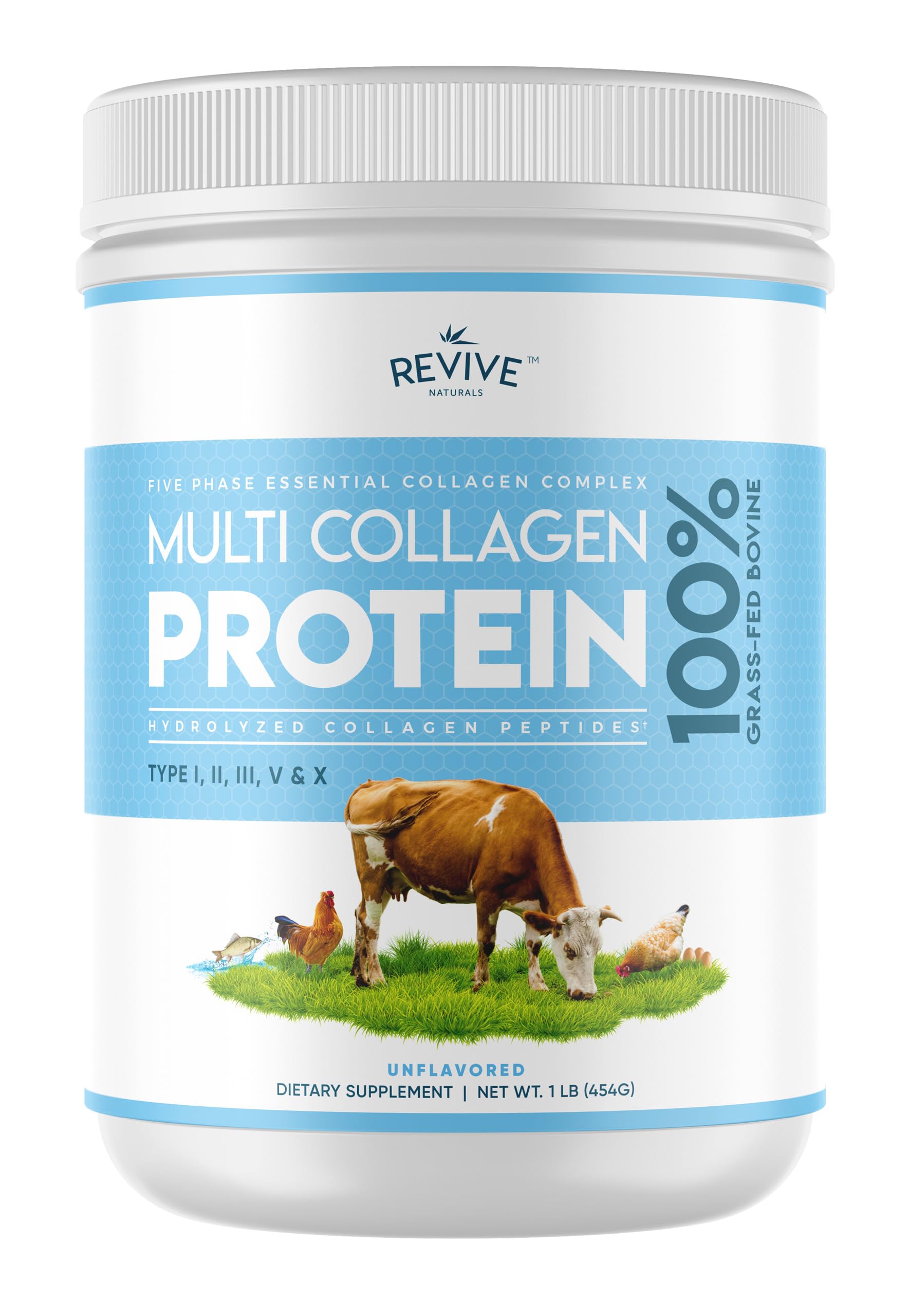 Revive Naturals Multi Collagen tub front highlights five collagen types for skin, hair, and nails