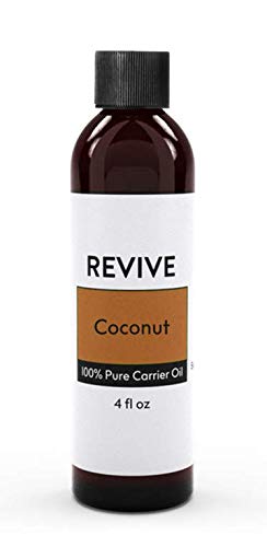 REVIVEEO fractionated coconut oil bottle shows colorless, odorless carrier ideal for massage.