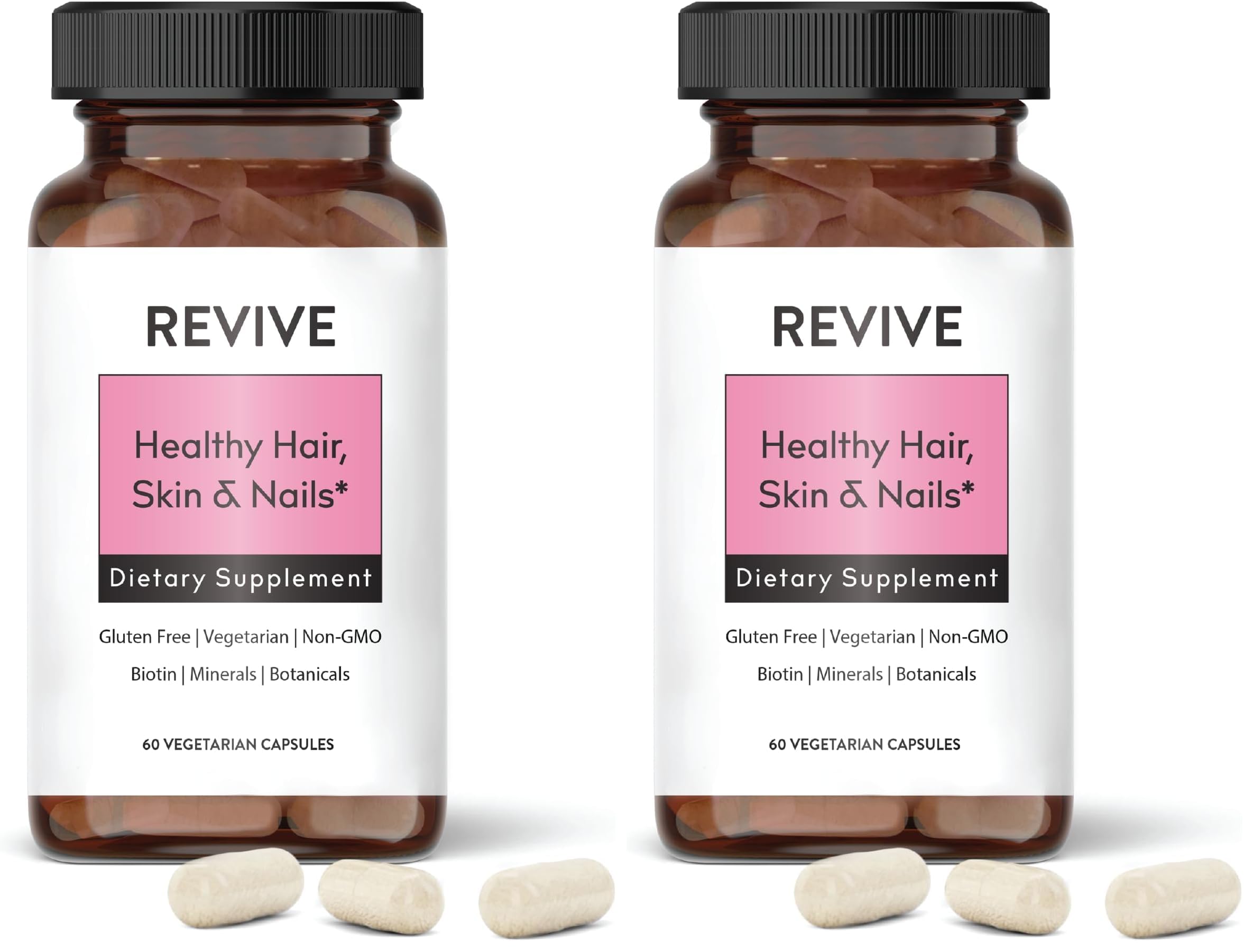 REVIVEEO bottle showing skin, hair, and nails formula with patented biotin.