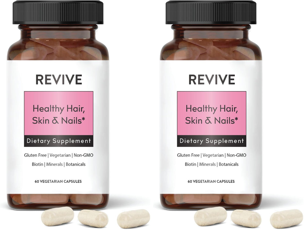 REVIVEEO bottle showing skin, hair, and nails formula with patented biotin.