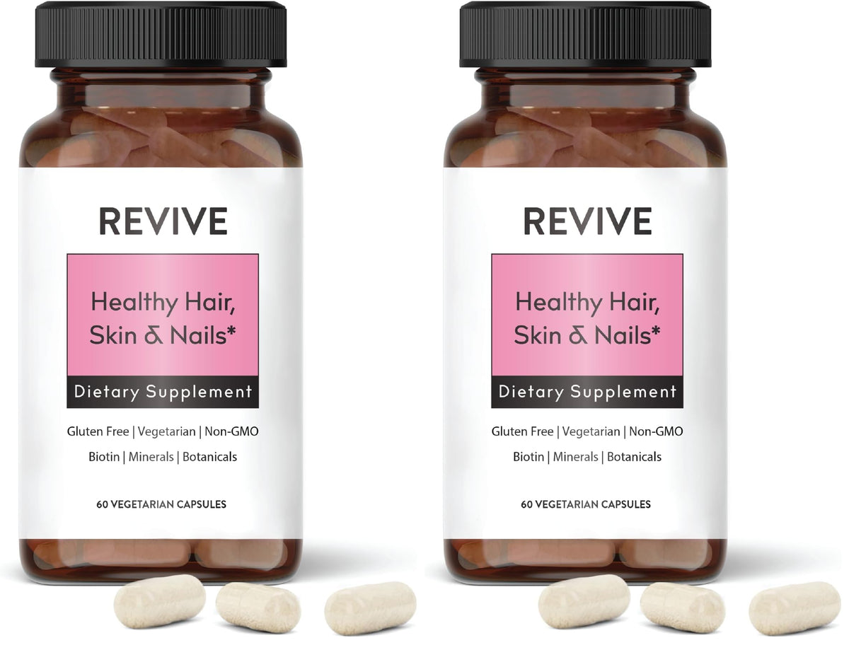 REVIVEEO bottle showing skin, hair, and nails formula with patented biotin.