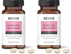 REVIVEEO bottle showing skin, hair, and nails formula with patented biotin.
