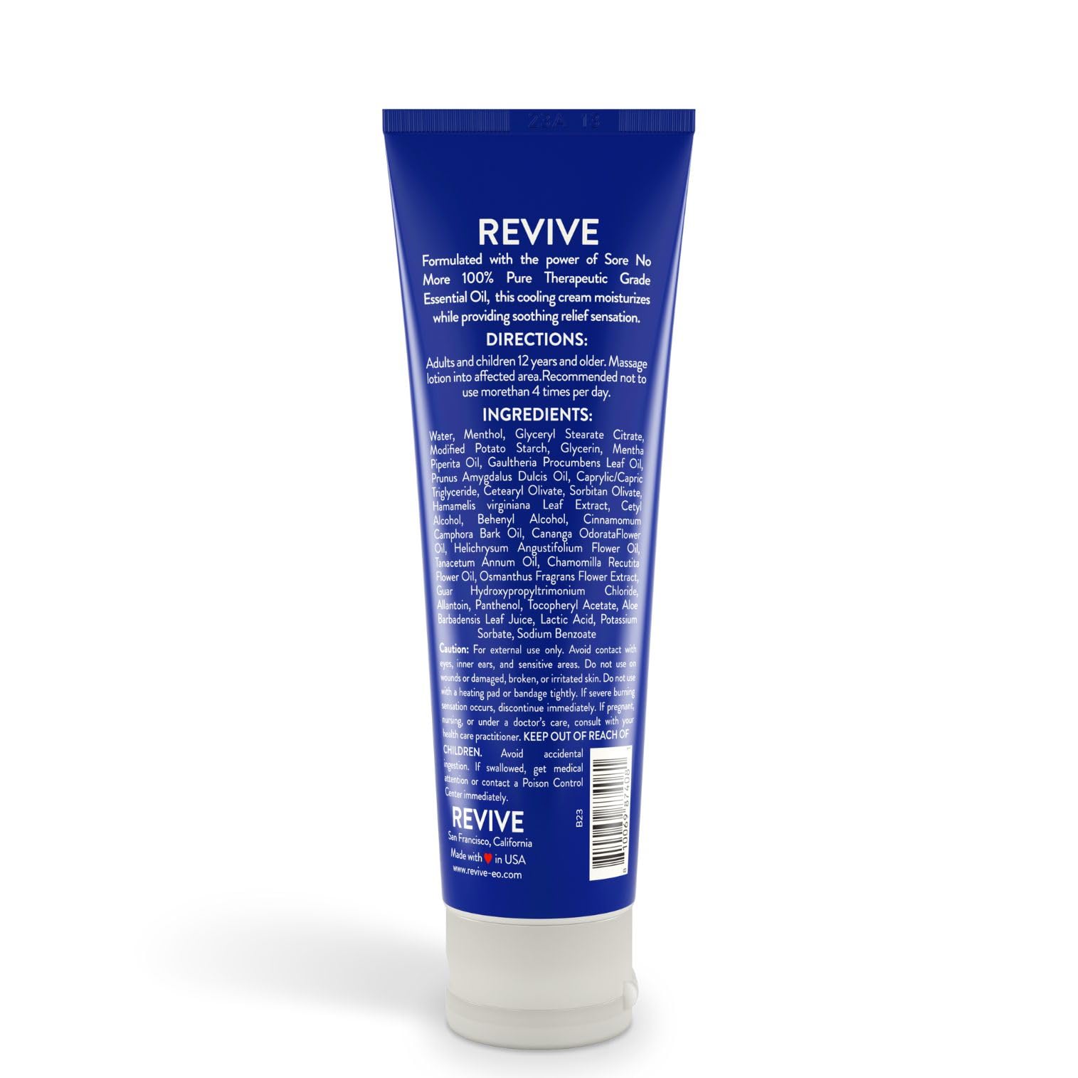 REVIVEEO Sore No More brand label highlighting plant based ingredients