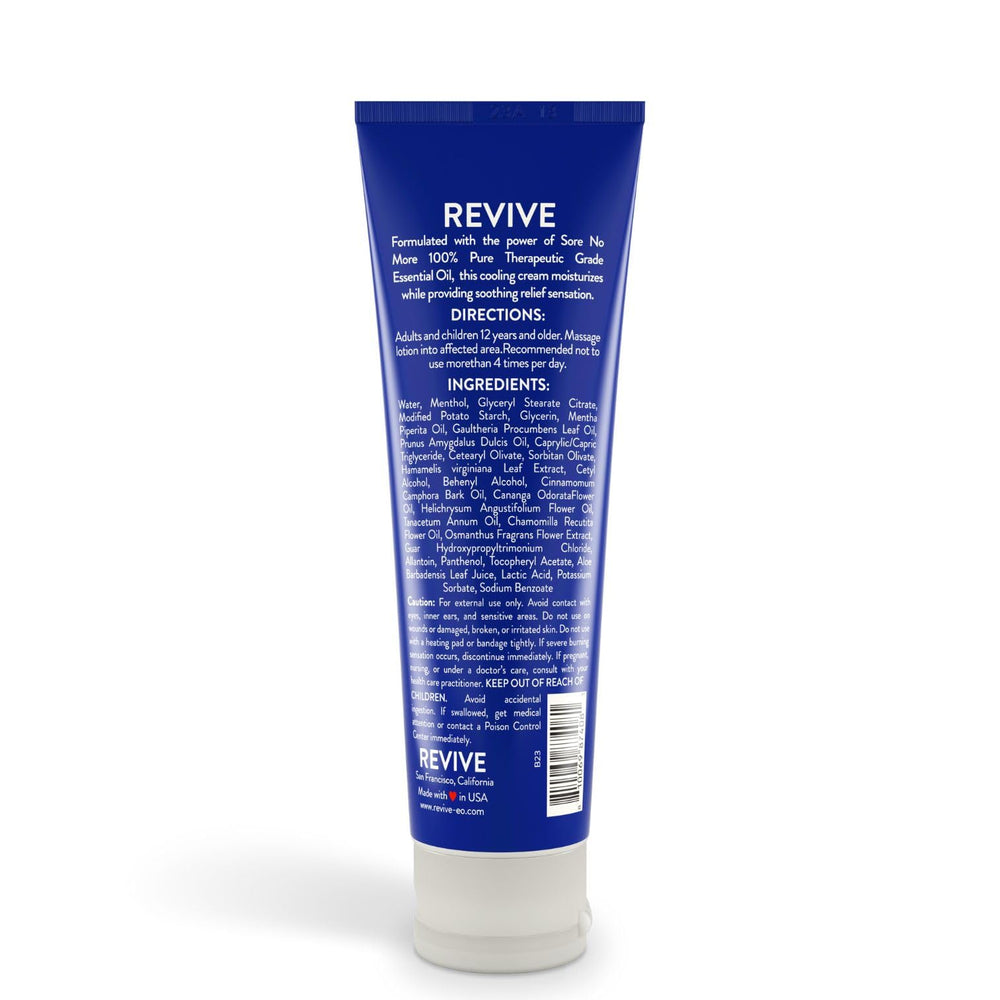 REVIVEEO Sore No More brand label highlighting plant based ingredients