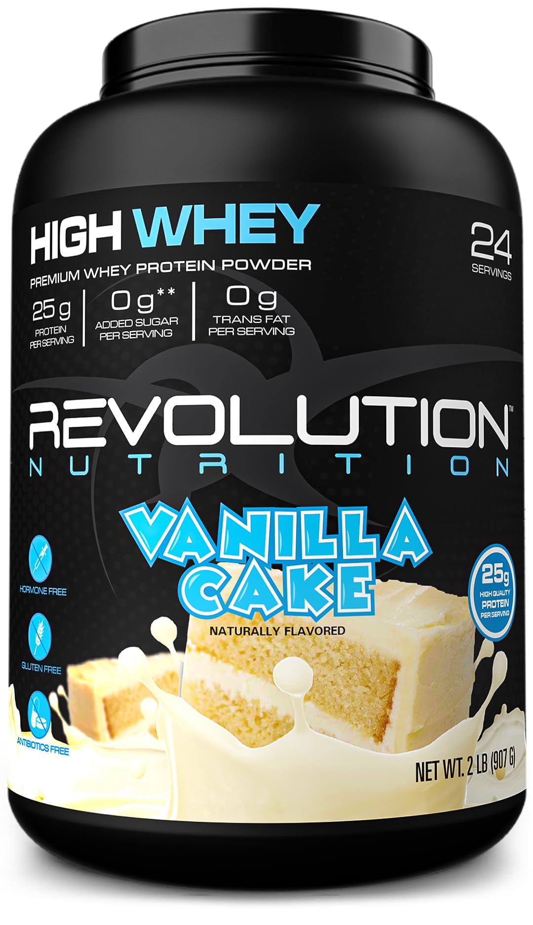 Revolution Nutrition High Whey Vanilla Cake canister for post-workout shakes
