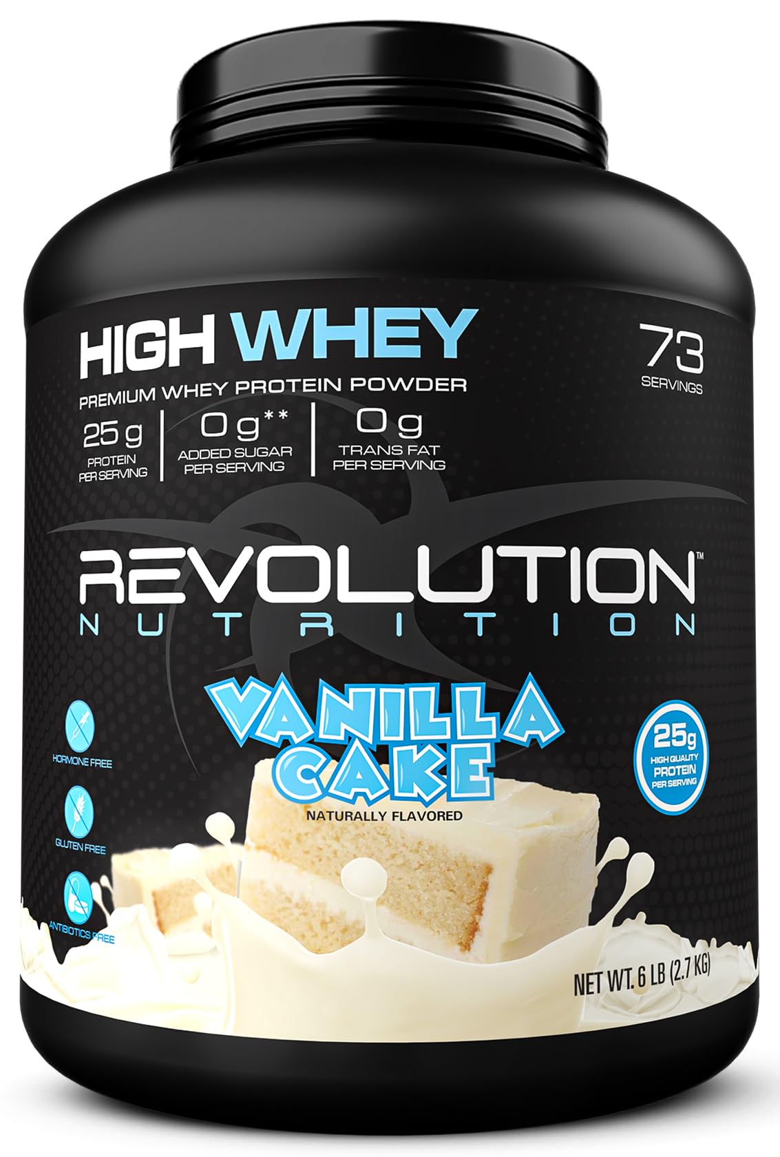 Revolution Nutrition High Whey Vanilla Cake tub shown for post-workout shakes and recovery