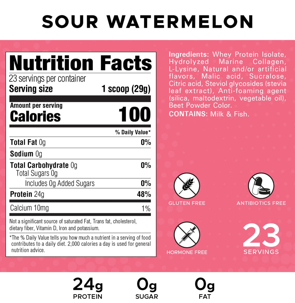 Sour Watermelon flavor in a clear protein powder delivers candy-inspired satisfaction.