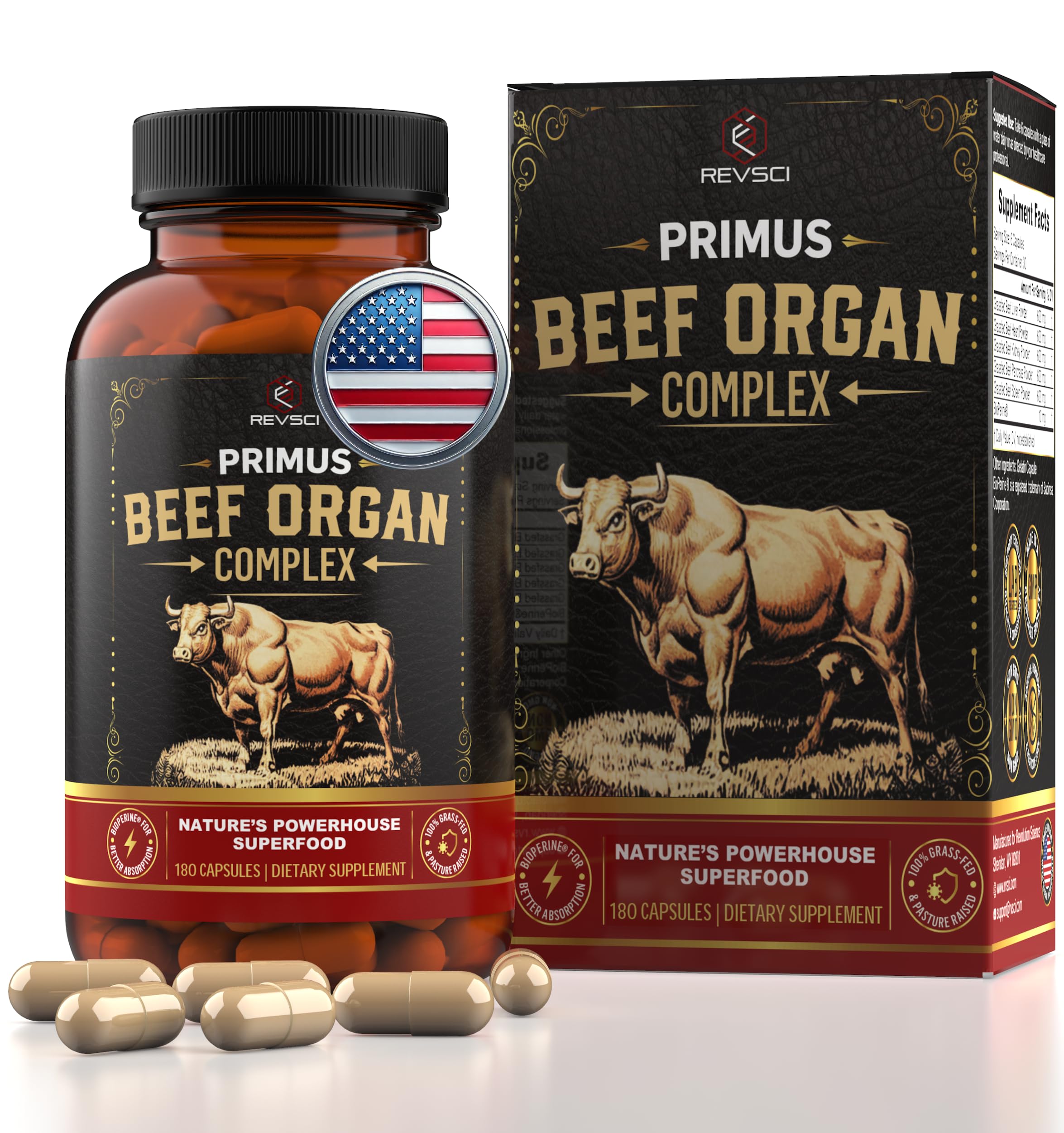 Revolution Science PRIMUS liver capsules close-up highlighting nutrient-dense organ blend for energy support