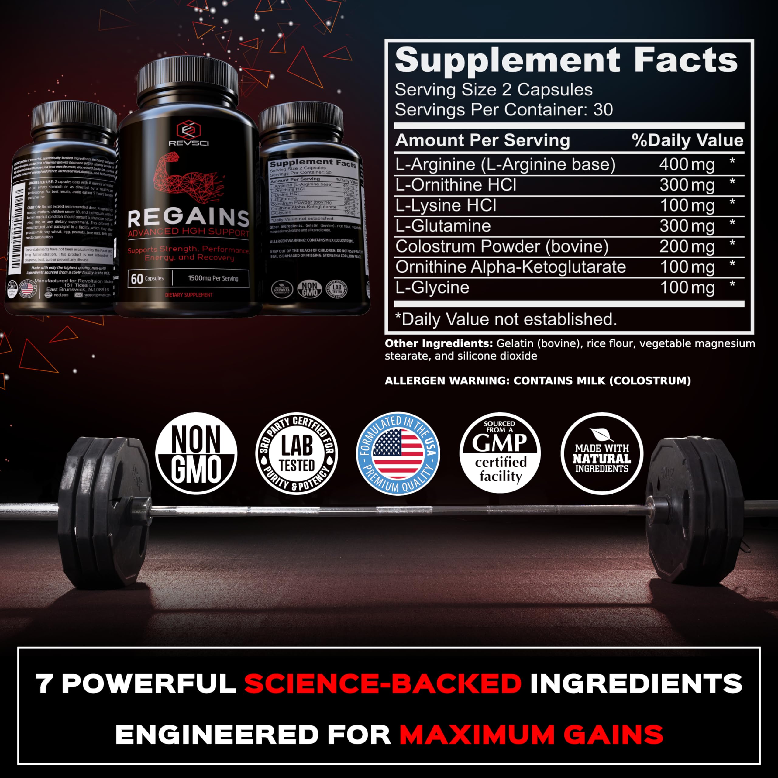 Back packaging panel reveals Regains supplement facts and serving size information.