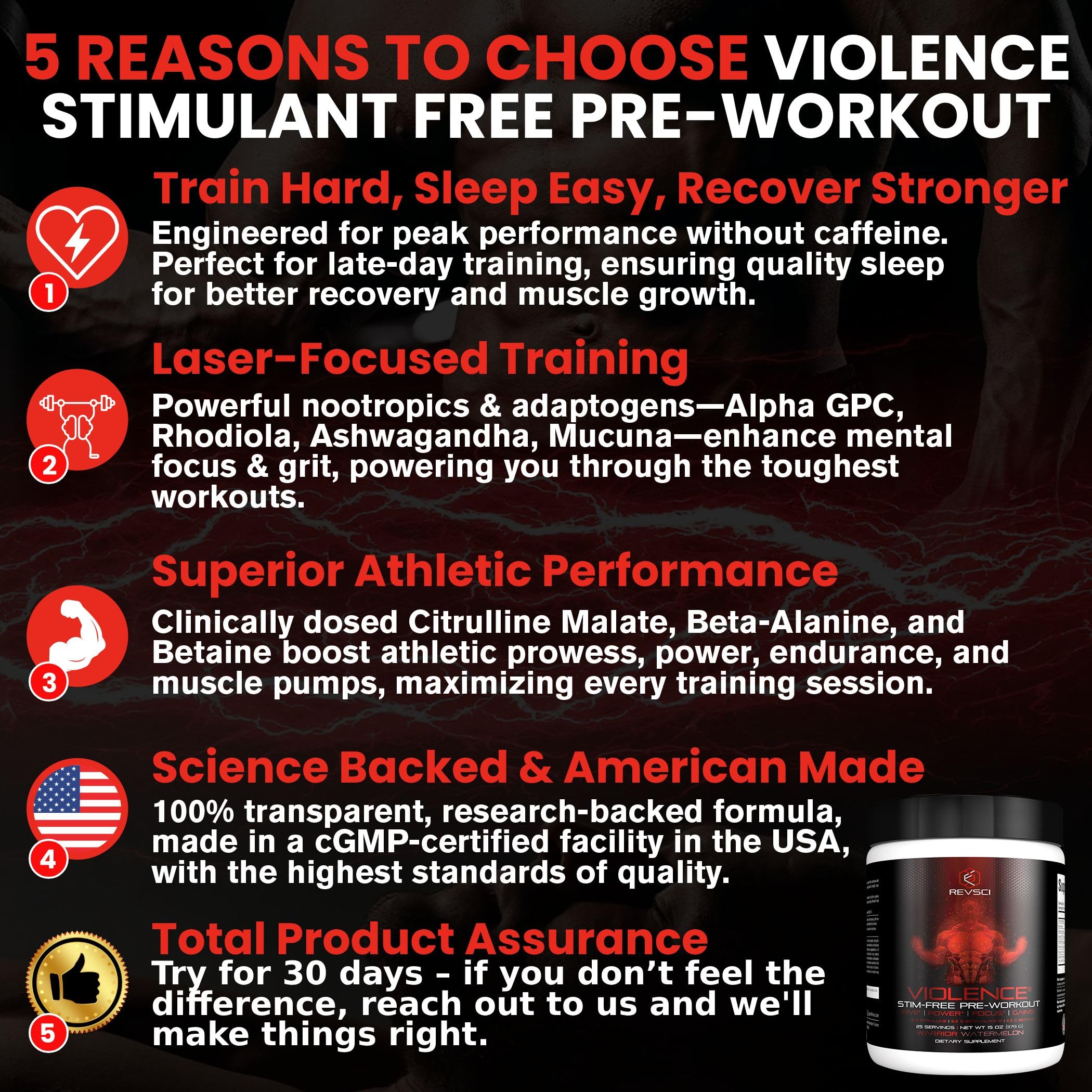 Violence Stim Free powder jar highlights precise dosing for controlled pump without stimulants.