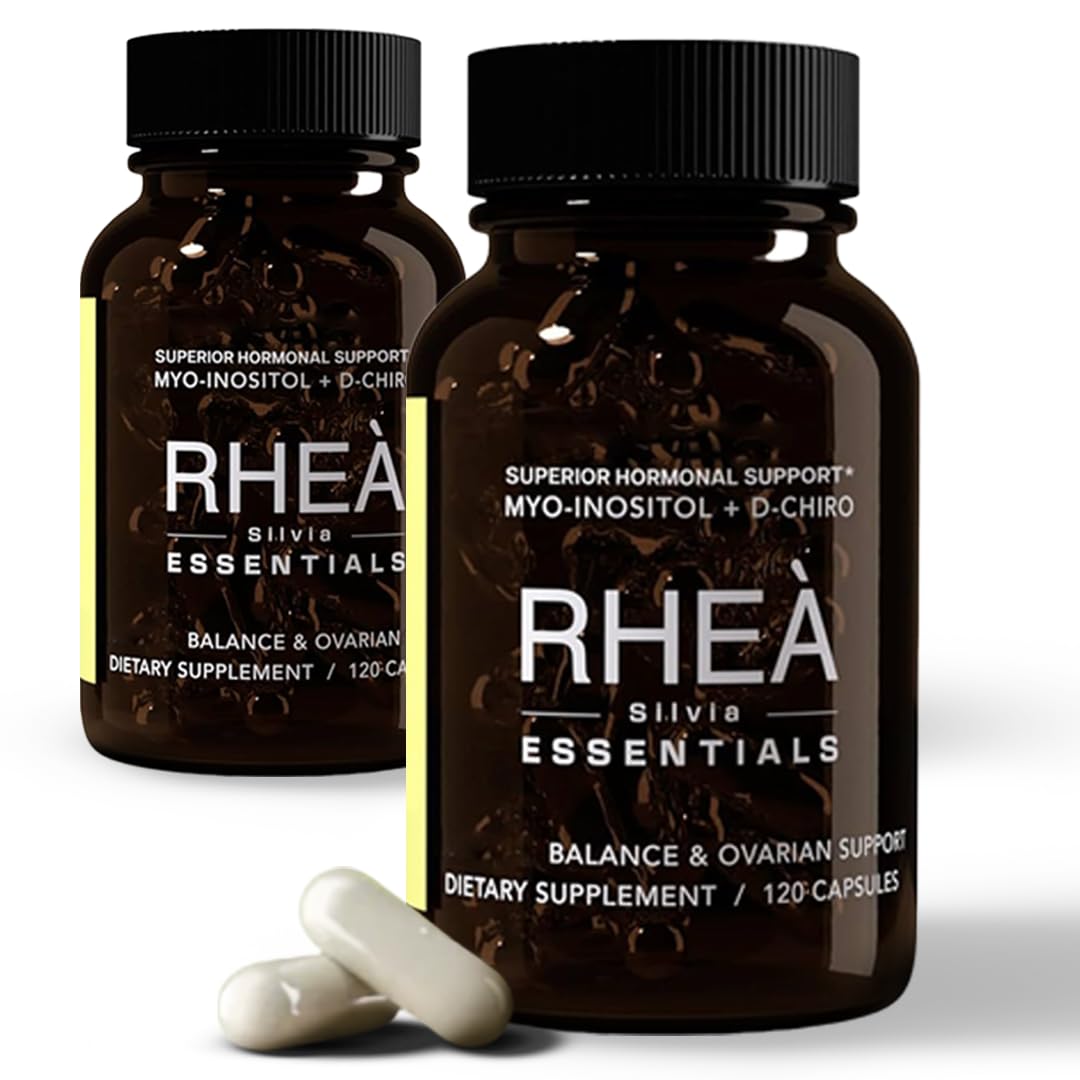 RHEA Myo-Inositol & D-Chiro Inositol bottle shows 40:1 ratio for balance.
