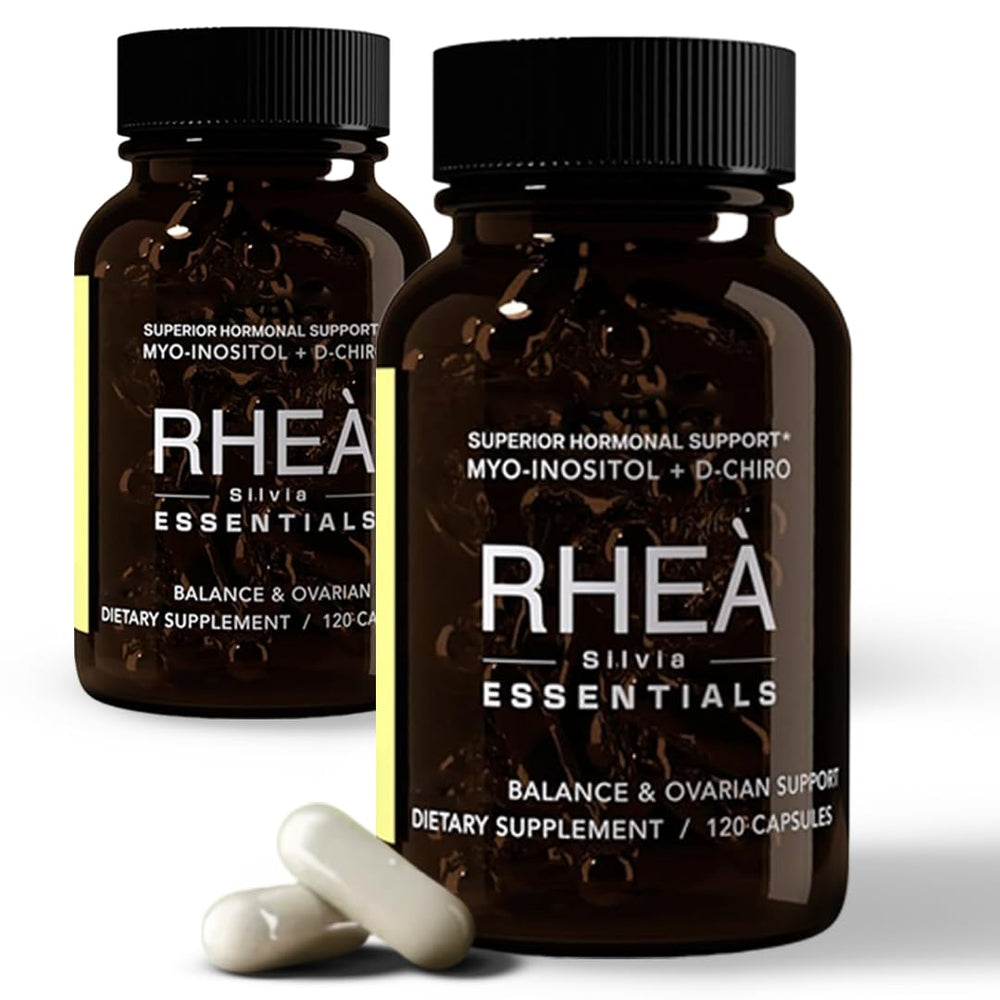 RHEA Myo-Inositol & D-Chiro Inositol bottle shows 40:1 ratio for balance.