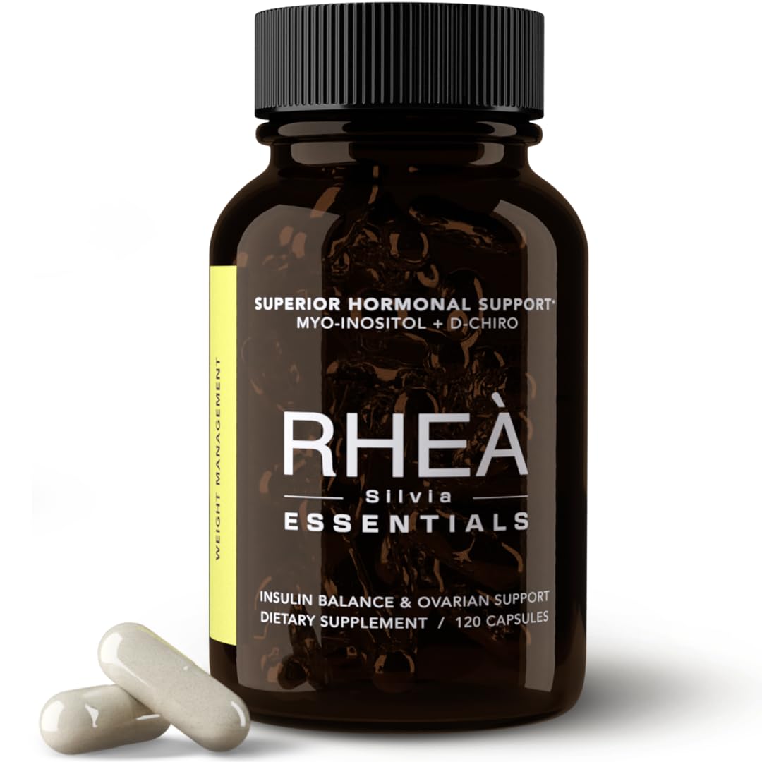 RHEASILVIA Rhea bottle front shows 40:1 inositol balance for hormonal support.