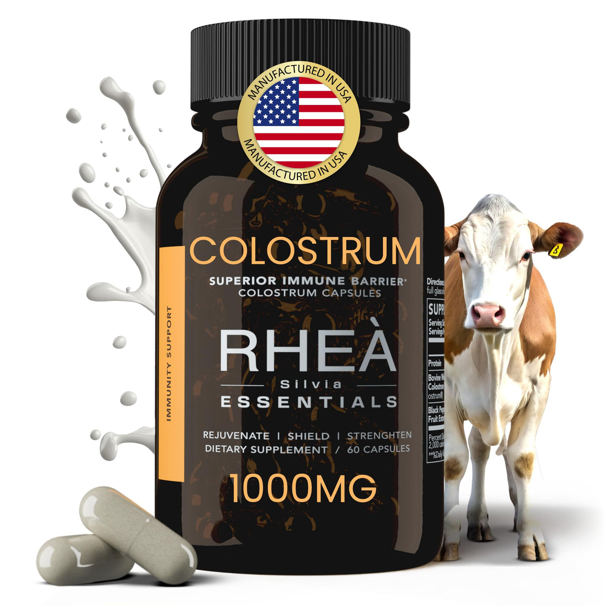 RHEASILVIA Rhea bottle pour highlights premium bovine colostrum for daily immune support