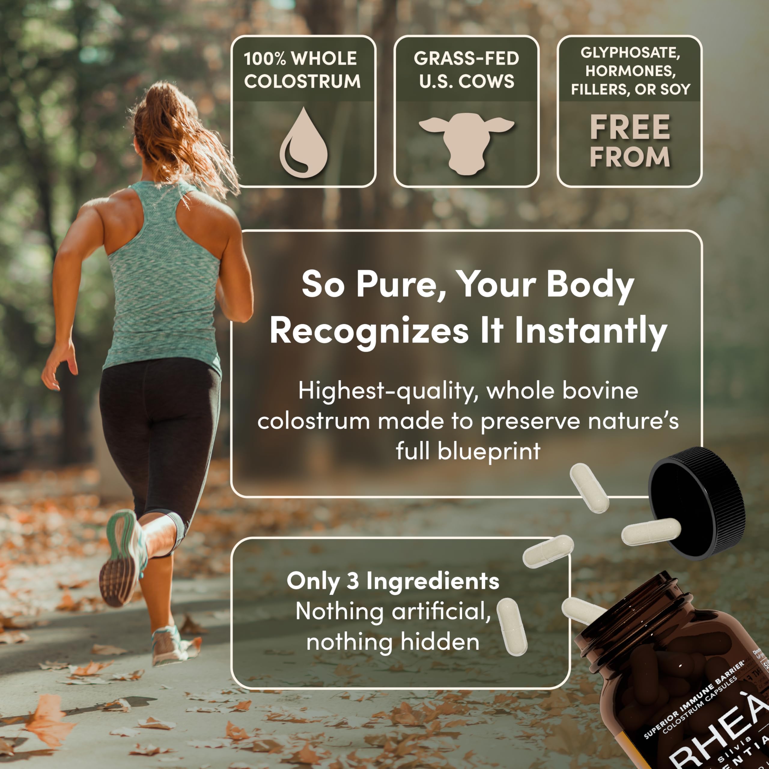 RHEASILVIA Rhea colostrum capsules daily usage pack emphasizes convenient regimen