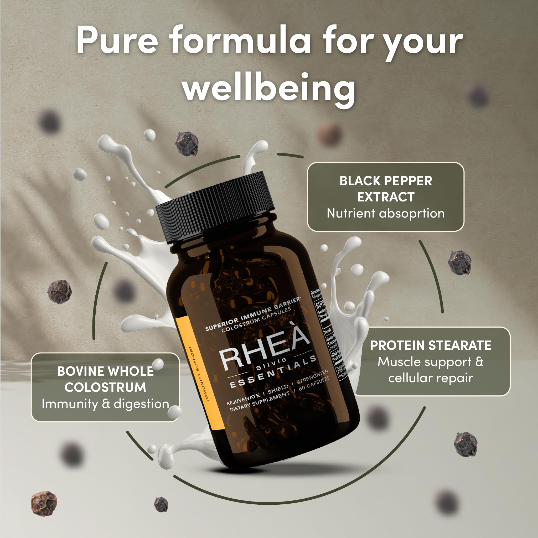 RHEASILVIA Rhea colostrum capsules lactoferrin emphasis supports natural defenses