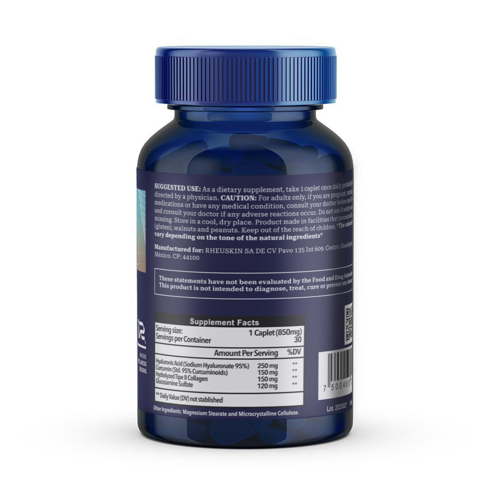 Rheuskin Motion caplets closeup highlights convenient once-daily joint care.