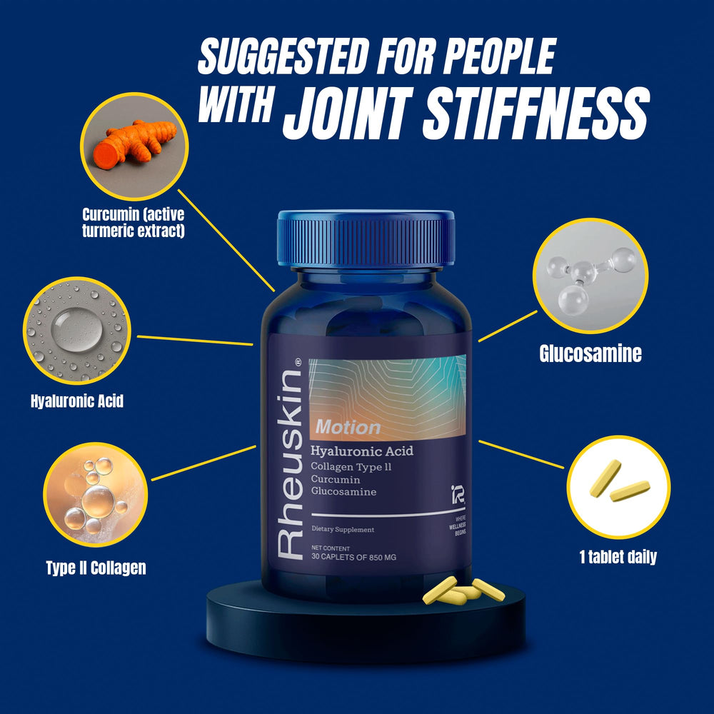 Rheuskin Motion glucosamine tablets emphasize mobility and comfort.
